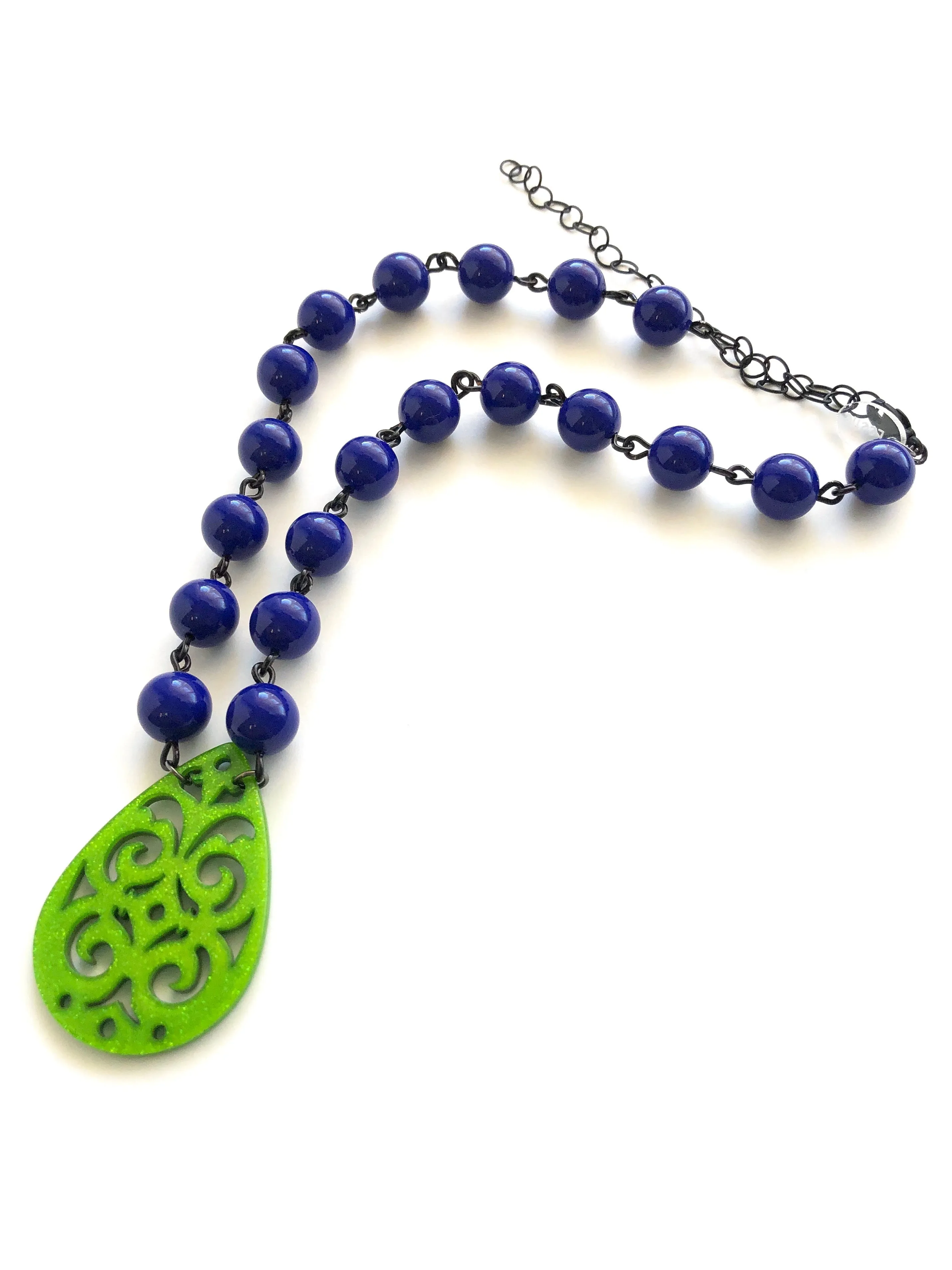 Cobalt Blue & Kelly Green Boho Lace Beaded Aleta Necklace