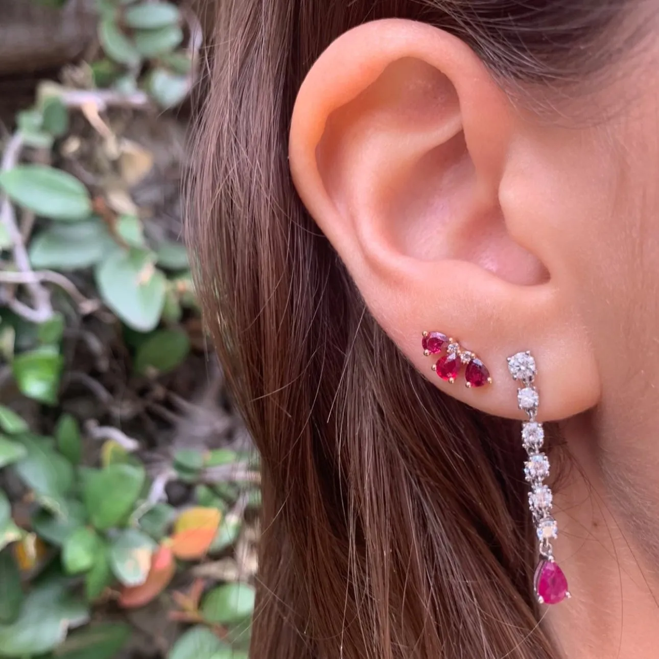 Diamond Dangle Earrings with Ruby Drop