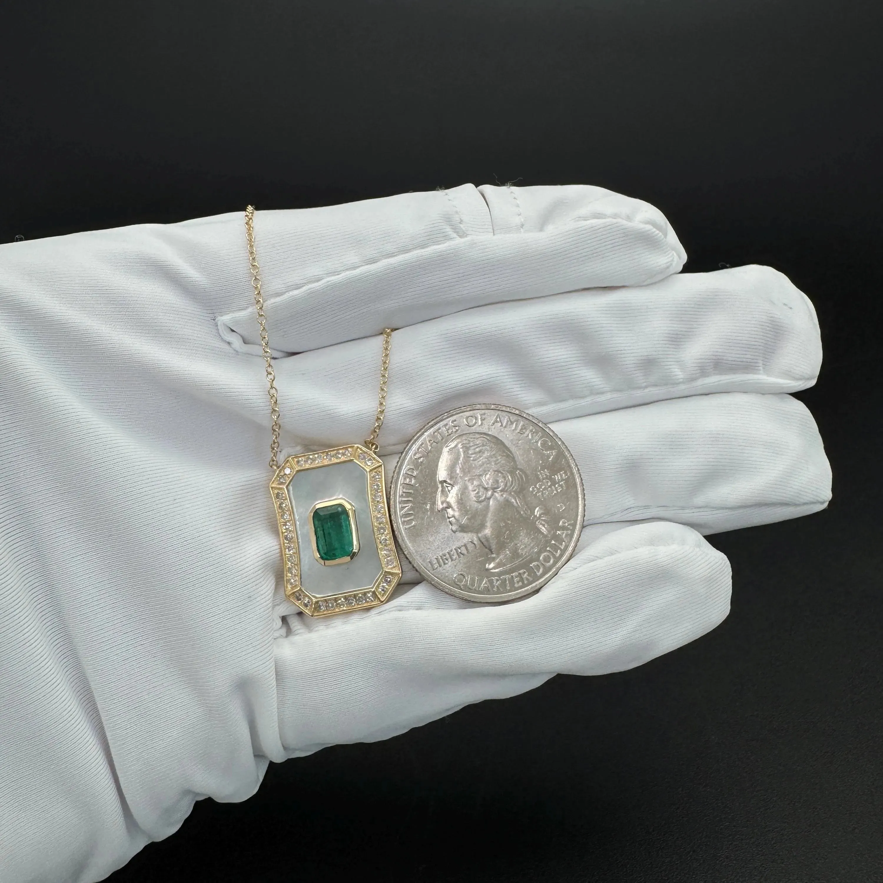 Diamond Emerald Mother Of Pearl Pendant Necklace