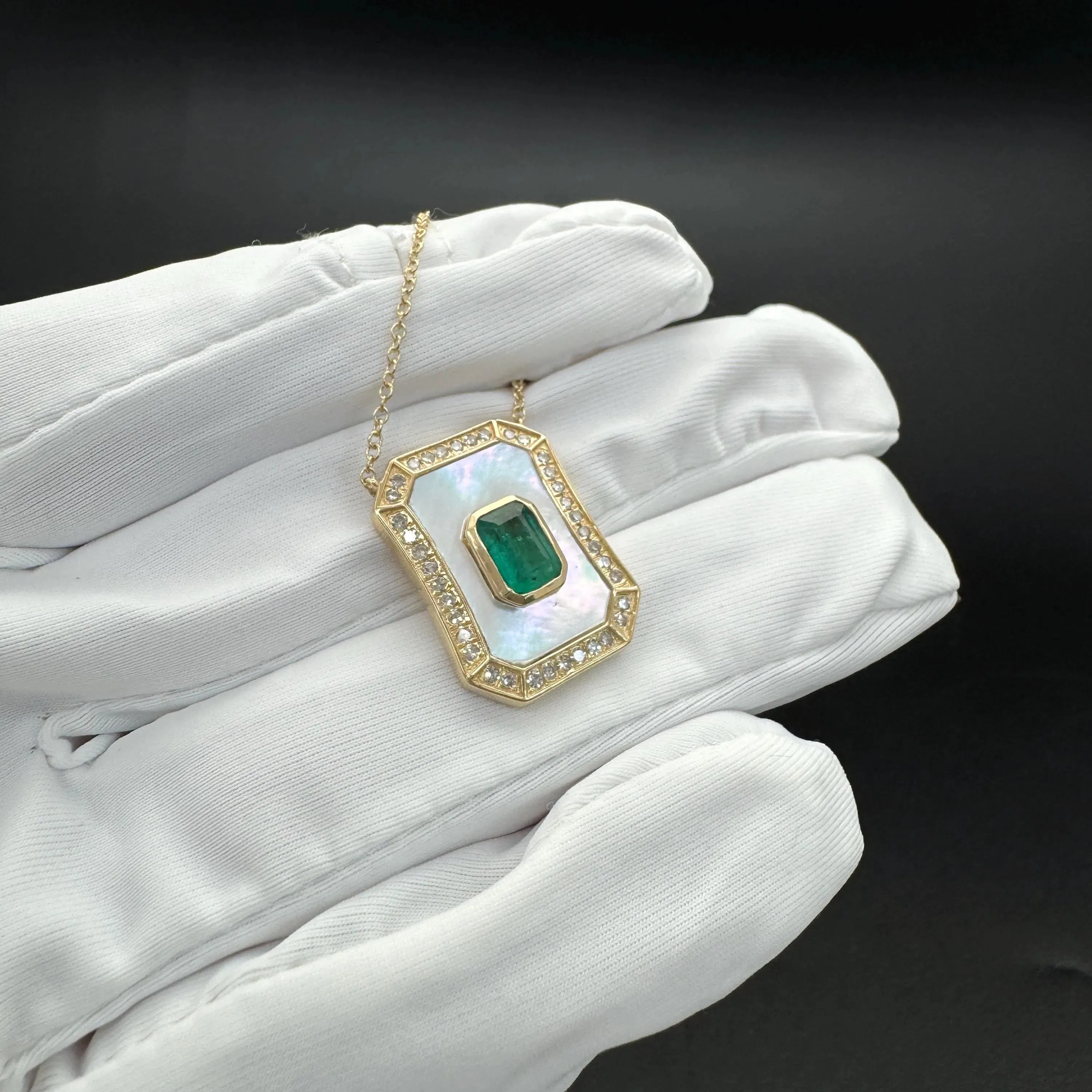 Diamond Emerald Mother Of Pearl Pendant Necklace