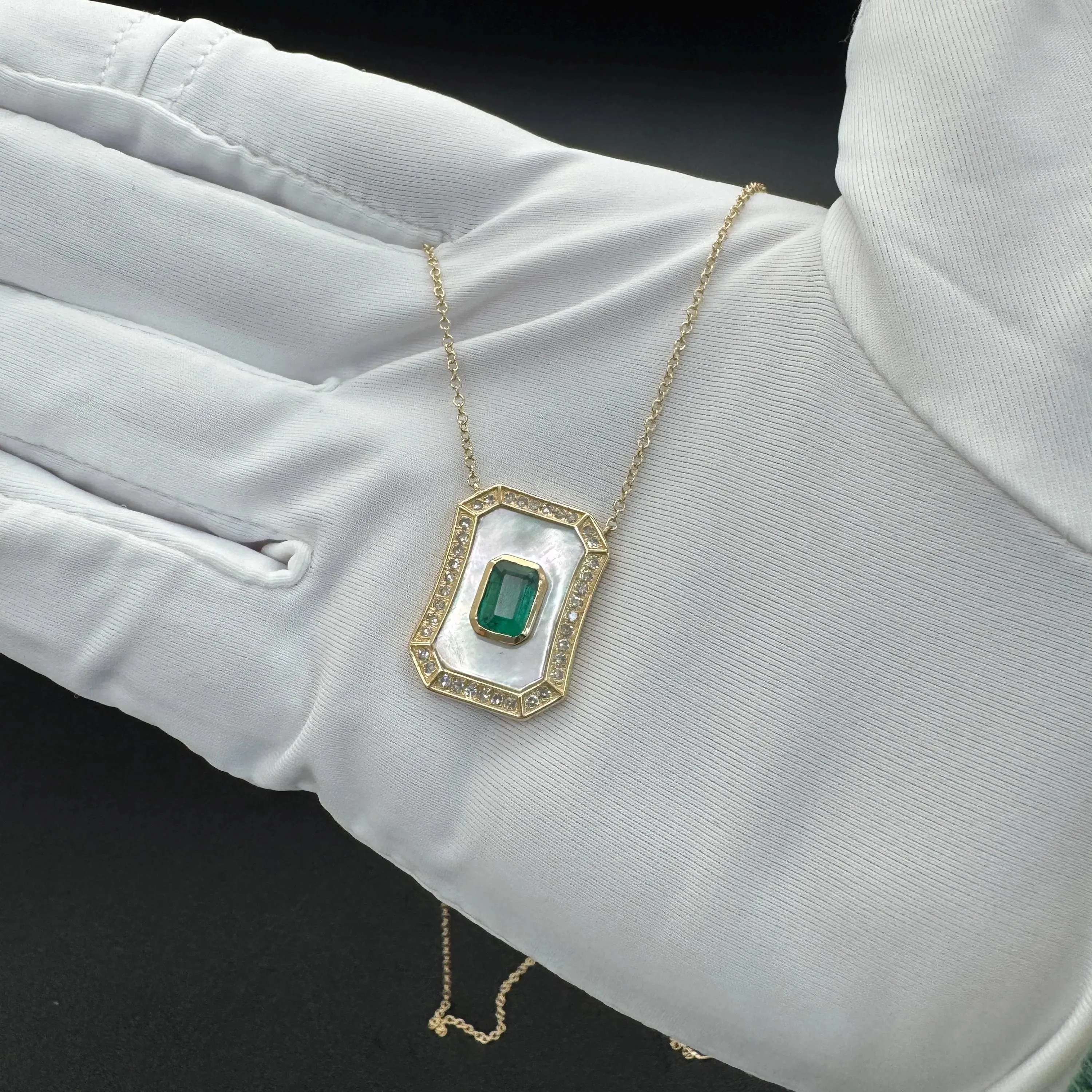 Diamond Emerald Mother Of Pearl Pendant Necklace
