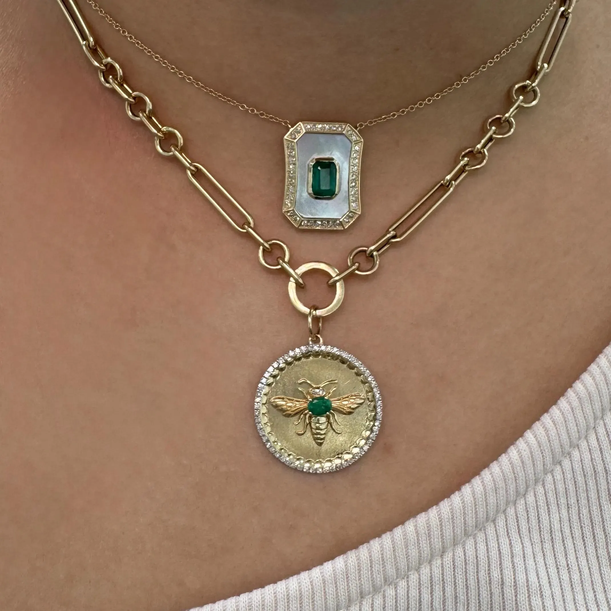 Diamond Emerald Mother Of Pearl Pendant Necklace