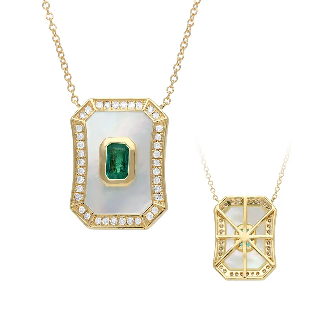 Diamond Emerald Mother Of Pearl Pendant Necklace