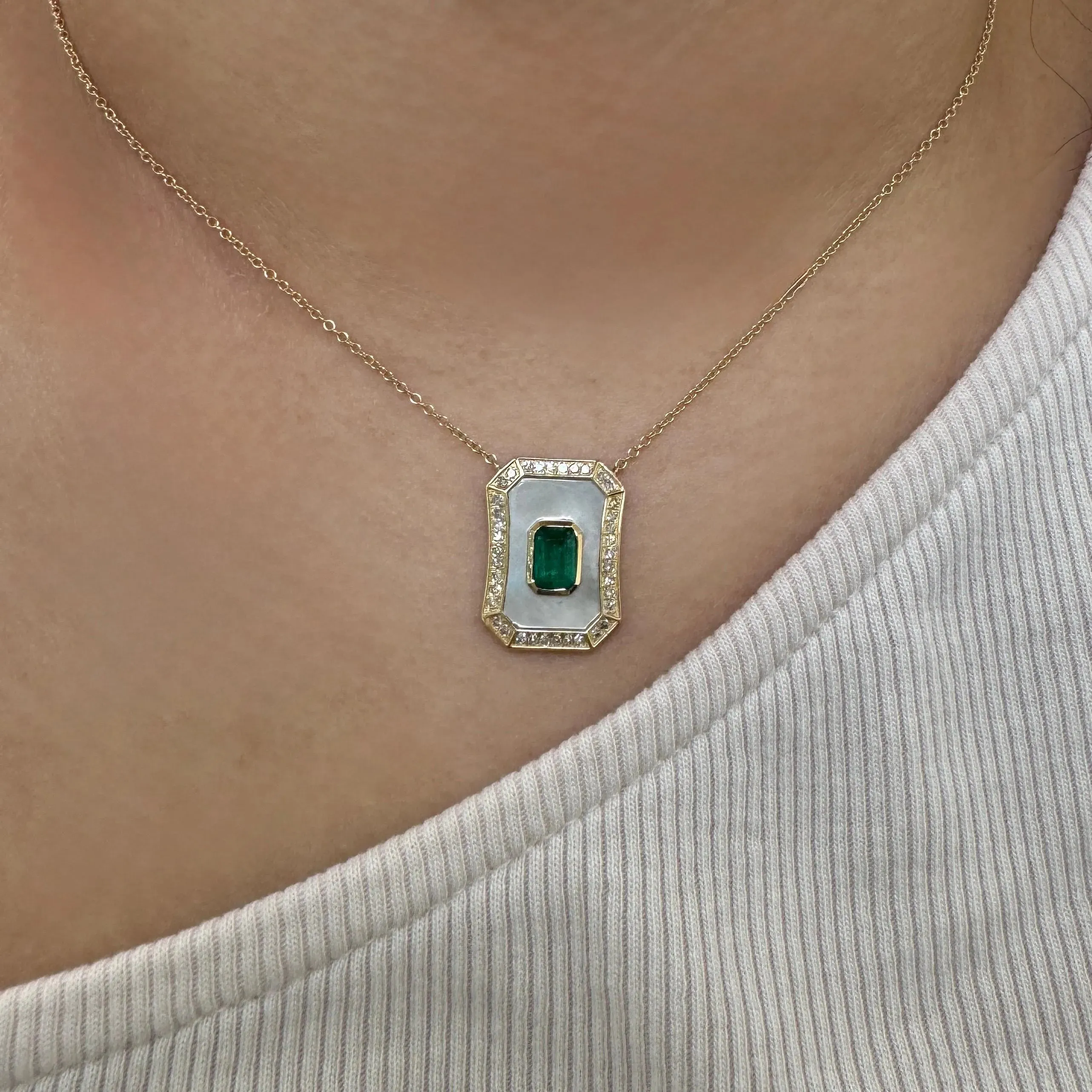 Diamond Emerald Mother Of Pearl Pendant Necklace