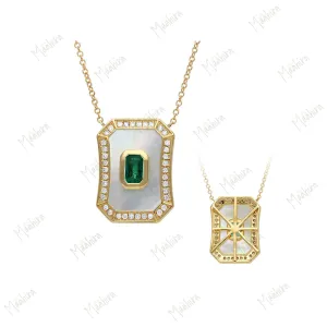 Diamond Emerald Mother Of Pearl Pendant Necklace