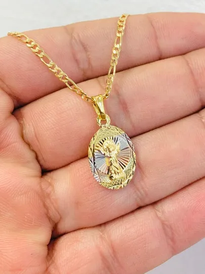 Divino Niño Necklace Pendant with Figaro Link Chain Gold Filled Dainty Tiny Necklace 20" Dije Tres Oros Del Divino Niño Baby Jesus Necklace 20x13mm