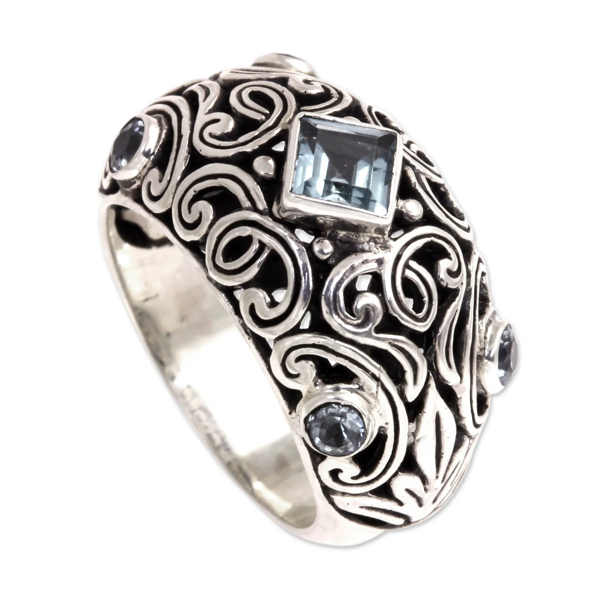Domed Blue Topaz and Sterling Silver Cocktail Ring from Bali - Blue Fern Garden | NOVICA