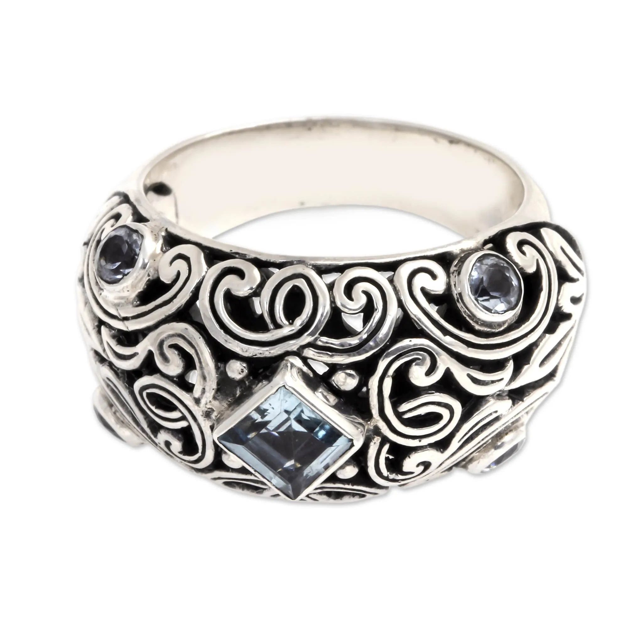 Domed Blue Topaz and Sterling Silver Cocktail Ring from Bali - Blue Fern Garden | NOVICA