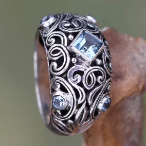 Domed Blue Topaz and Sterling Silver Cocktail Ring from Bali - Blue Fern Garden | NOVICA