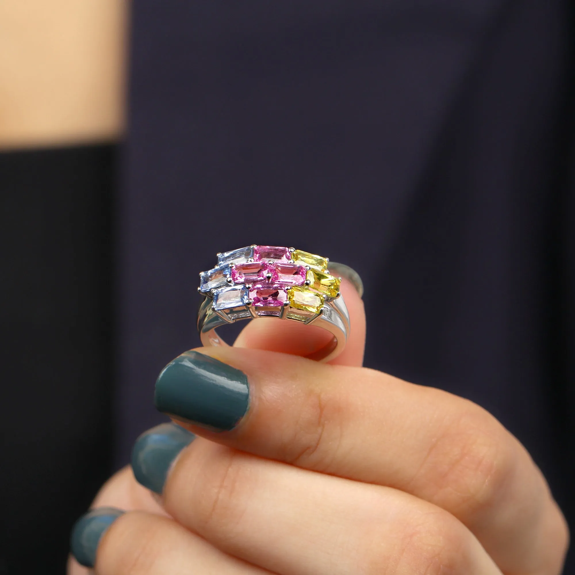 Emerald Cut Multi Created Sapphire Cluster Cocktail Ring