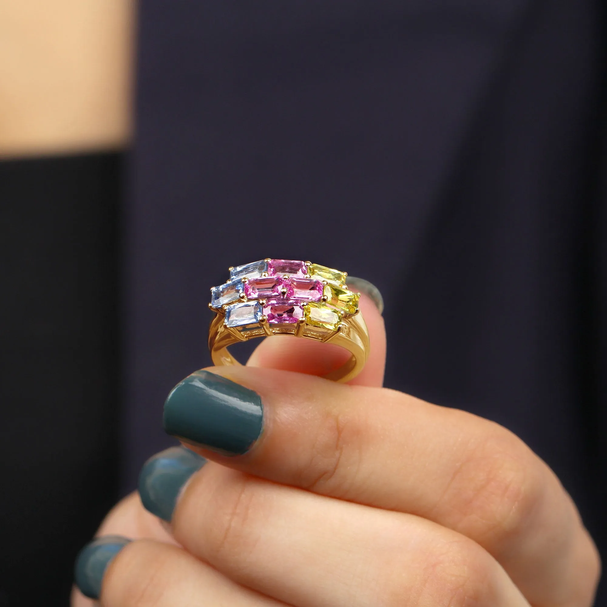 Emerald Cut Multi Created Sapphire Cluster Cocktail Ring