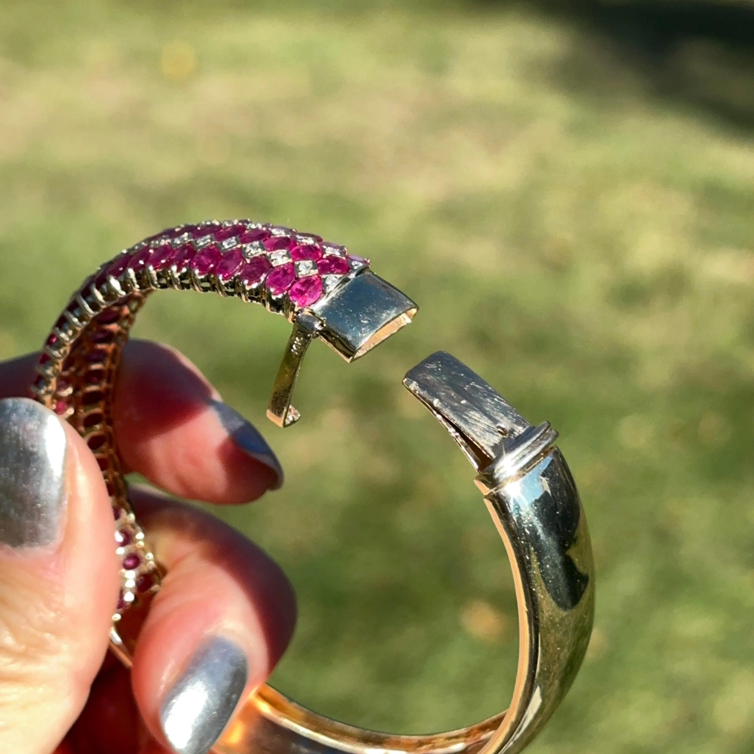 Estate 14KT Yellow Gold Marquise Ruby   Diamond Bangle Bracelet