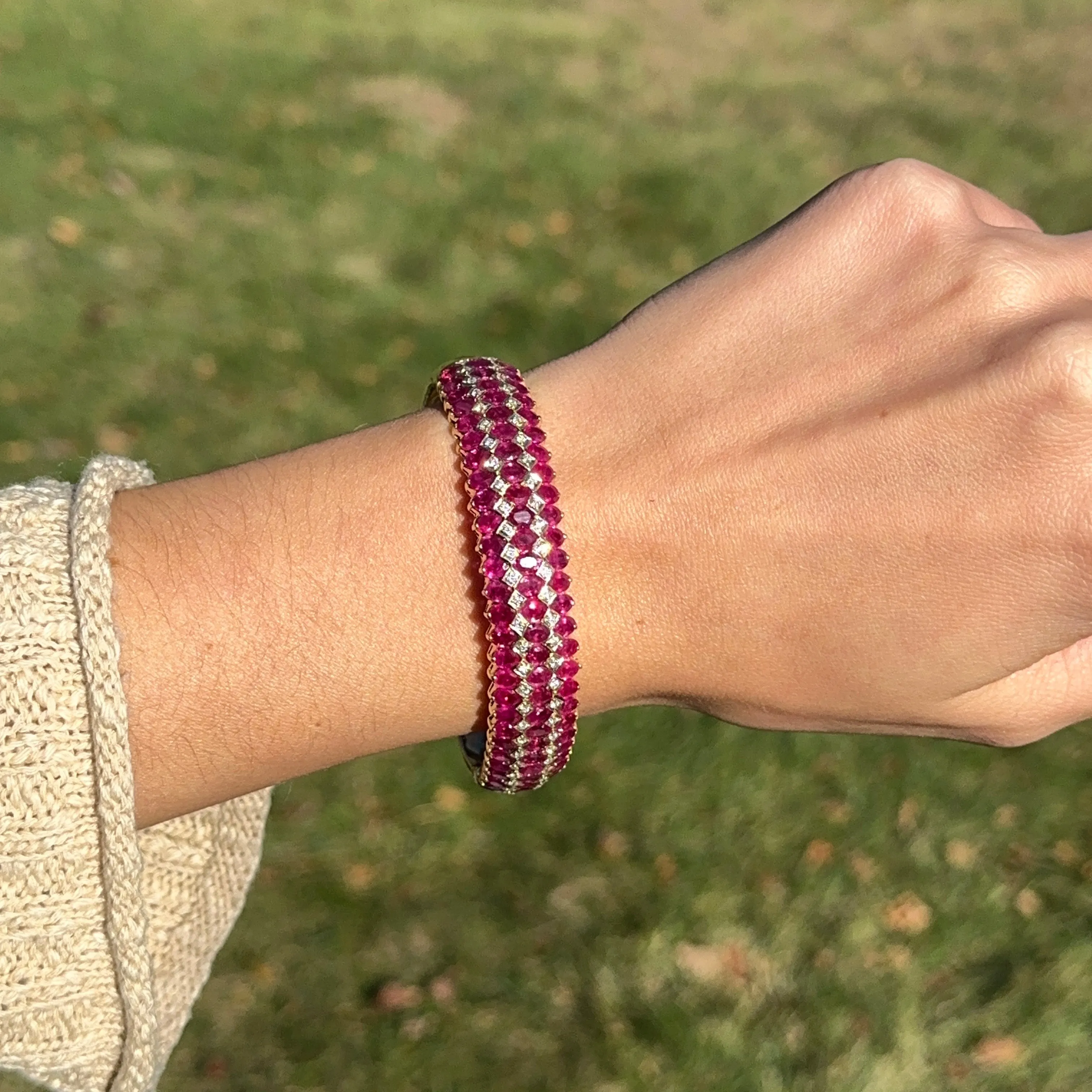 Estate 14KT Yellow Gold Marquise Ruby   Diamond Bangle Bracelet