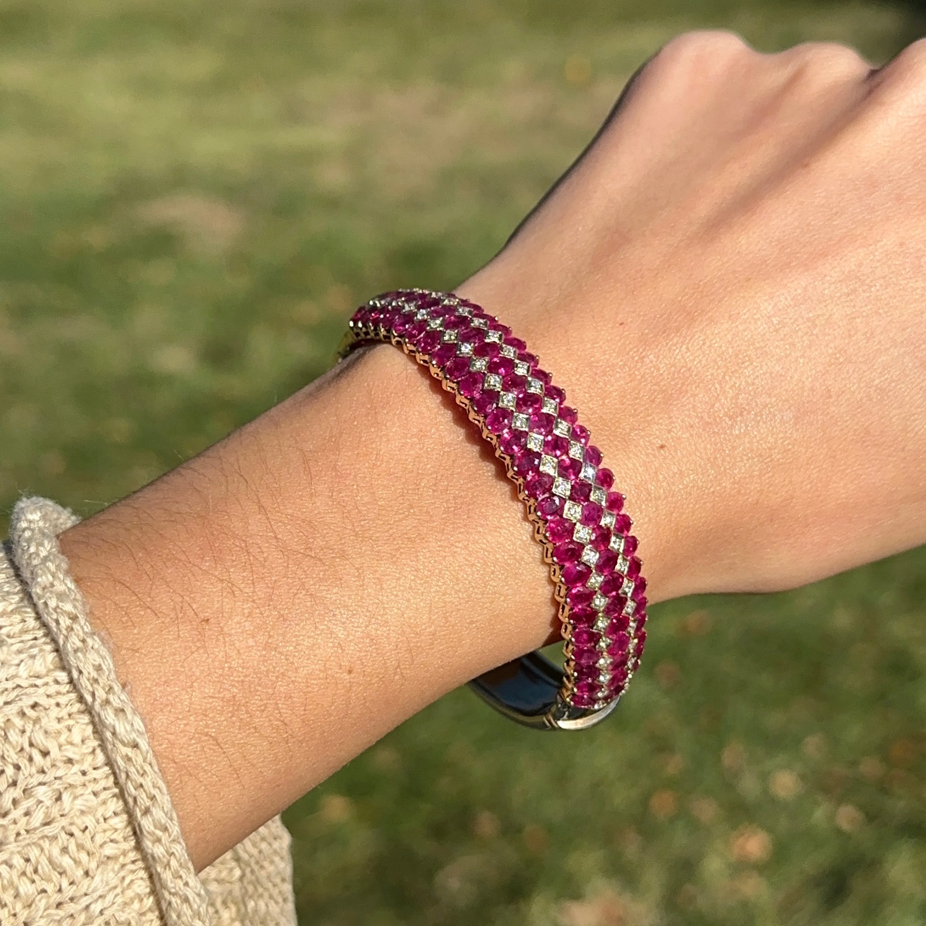 Estate 14KT Yellow Gold Marquise Ruby   Diamond Bangle Bracelet