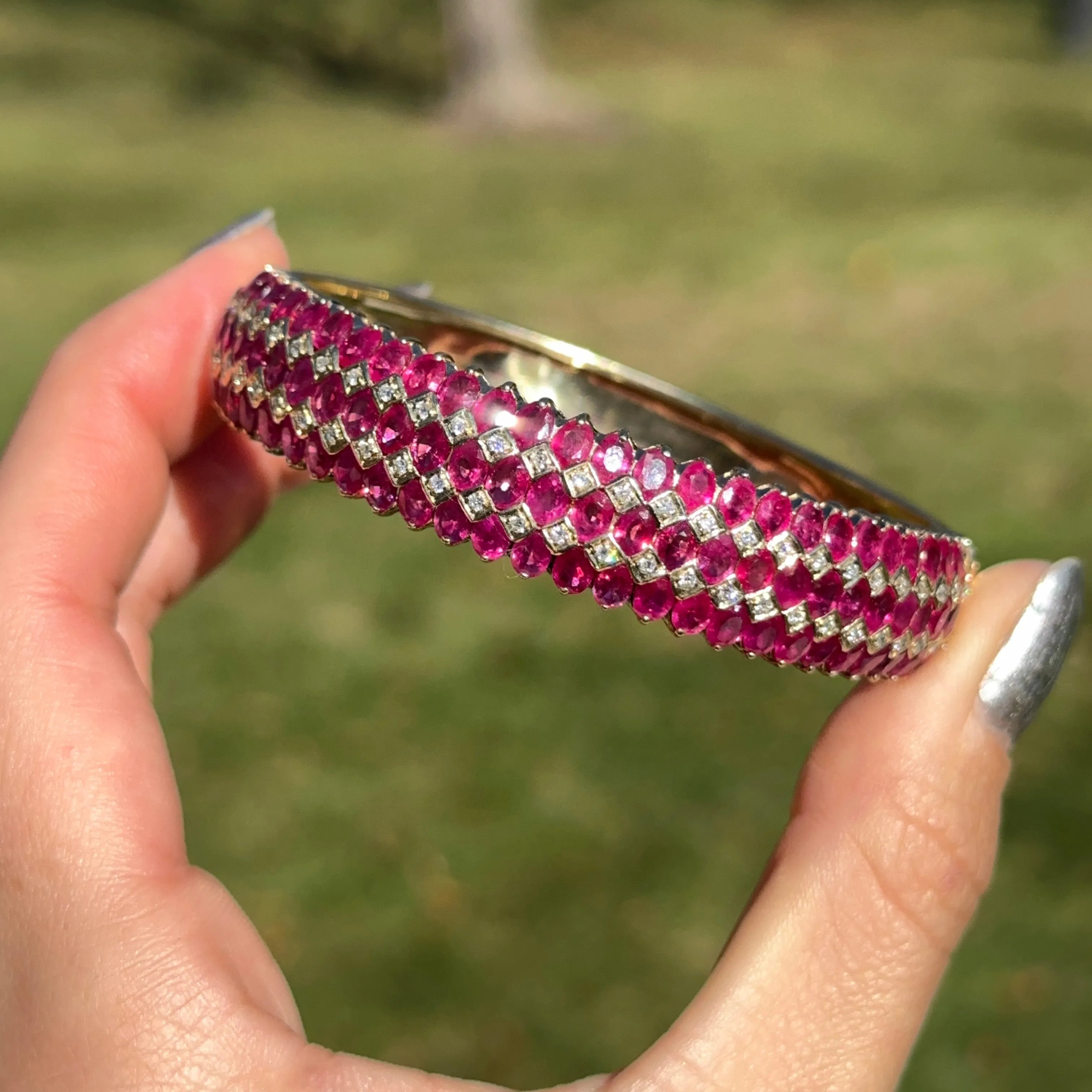 Estate 14KT Yellow Gold Marquise Ruby   Diamond Bangle Bracelet