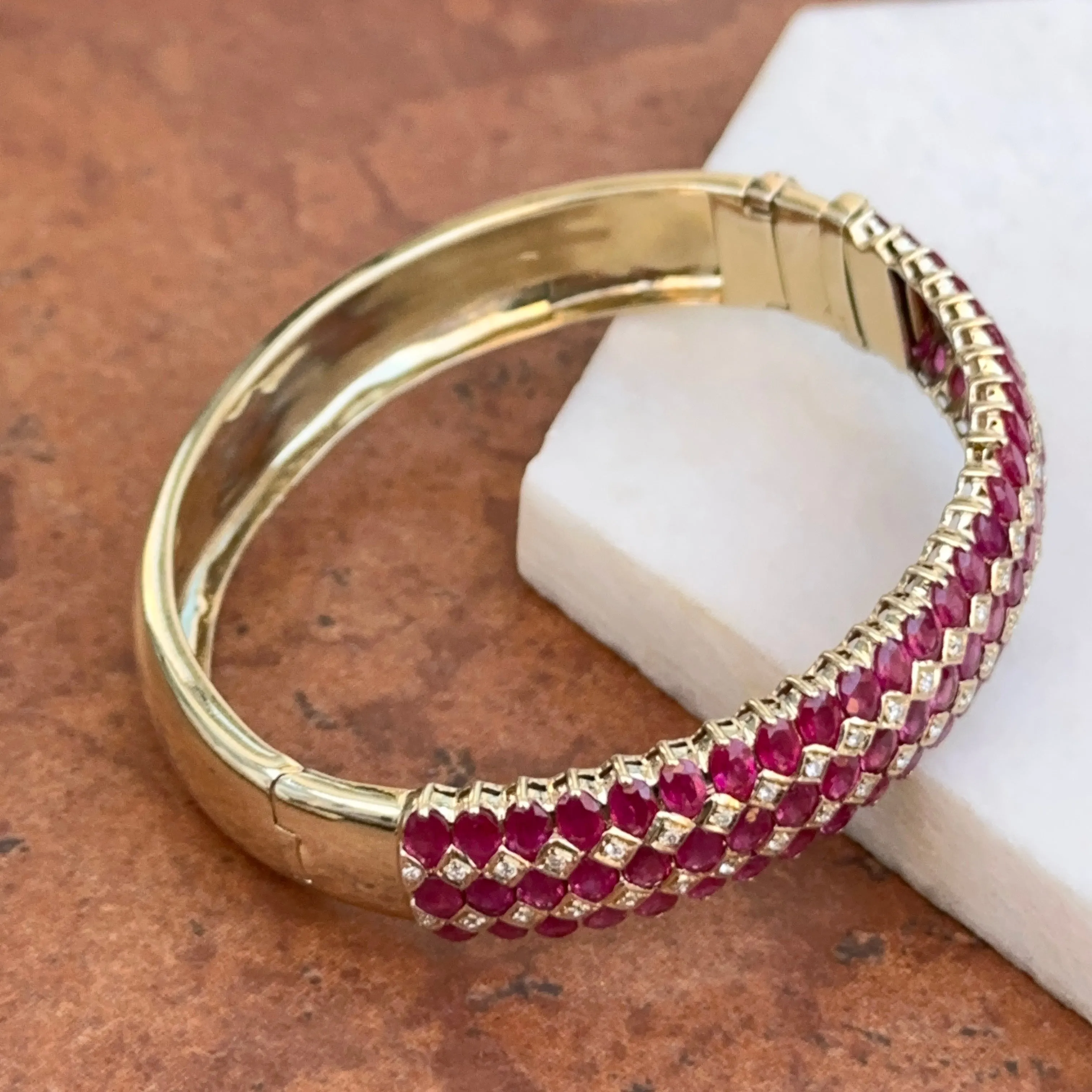 Estate 14KT Yellow Gold Marquise Ruby   Diamond Bangle Bracelet