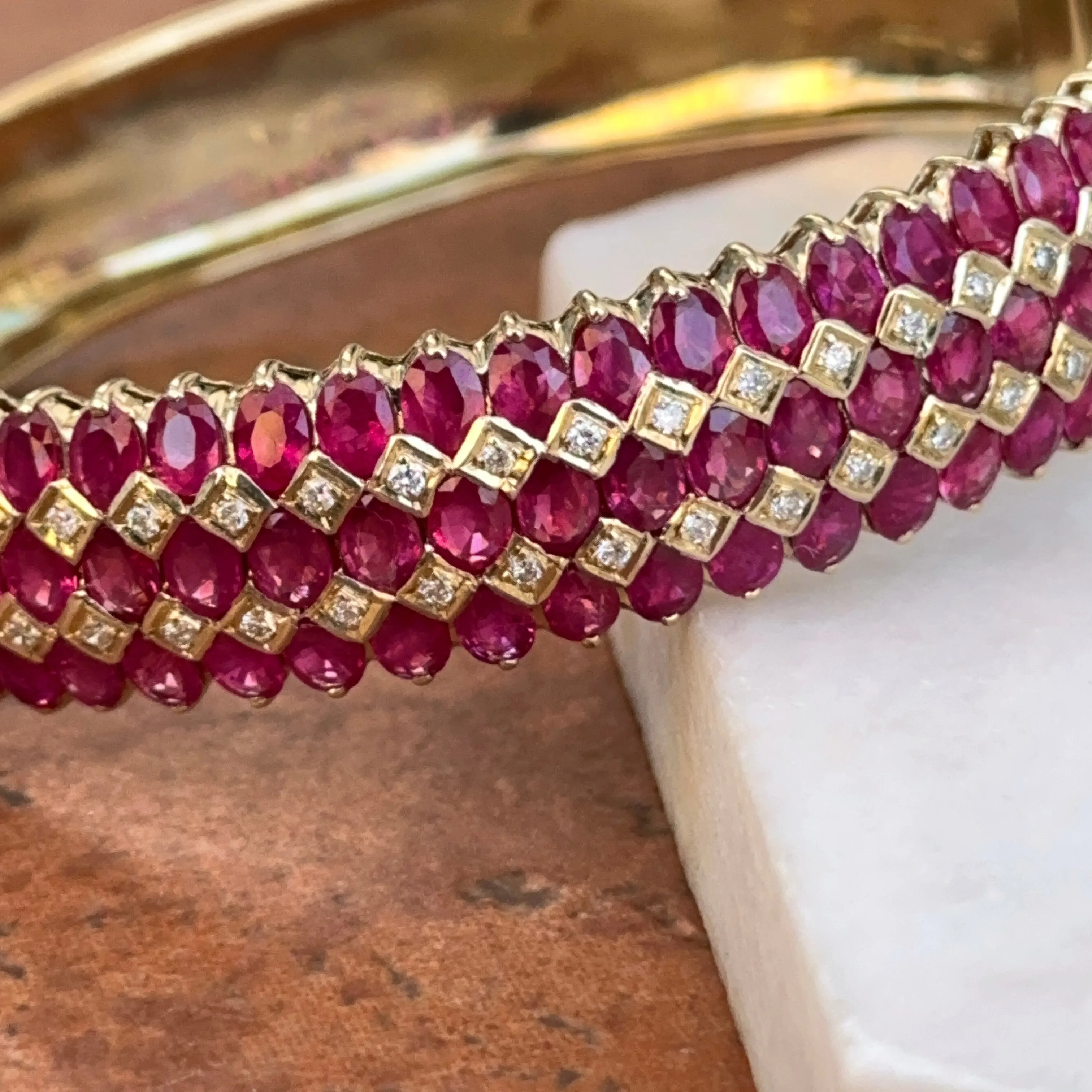 Estate 14KT Yellow Gold Marquise Ruby   Diamond Bangle Bracelet