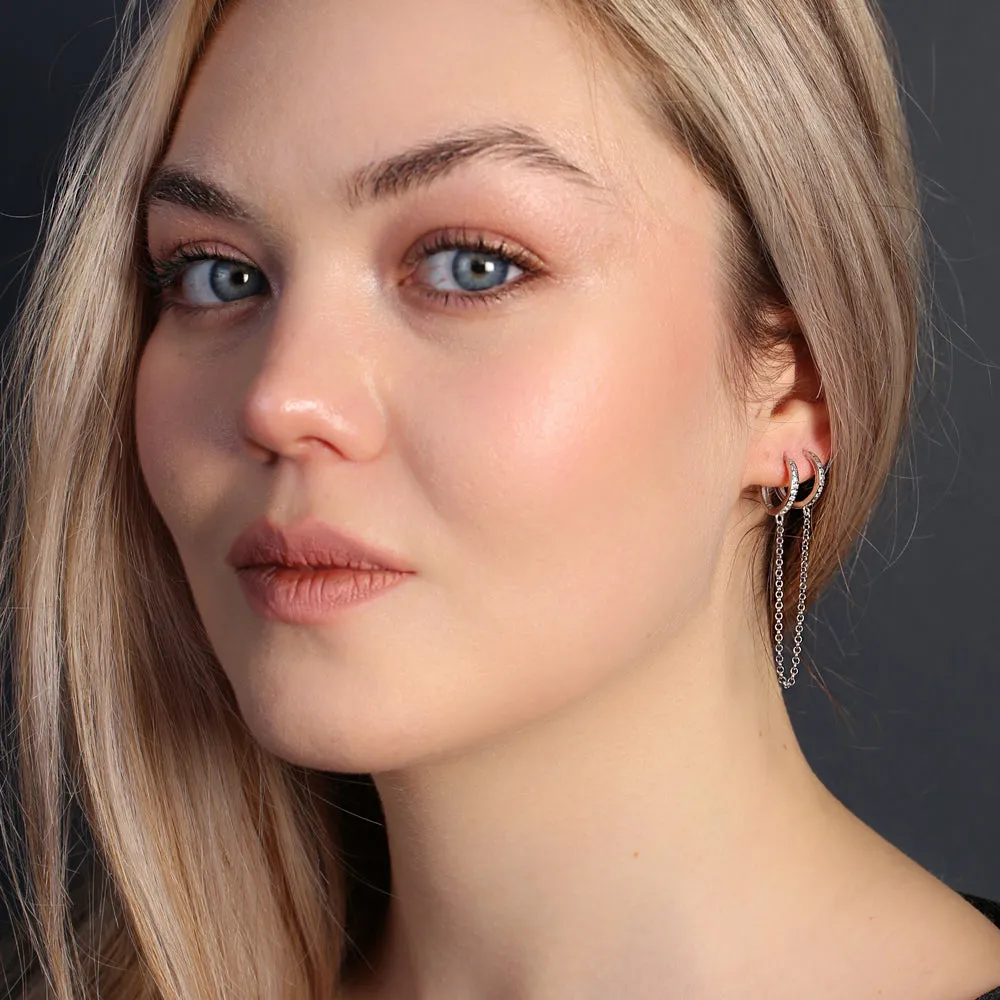Everyday casual wear Single Double Diamond CZ Long Chain Huggie Hoop CZ Earringss