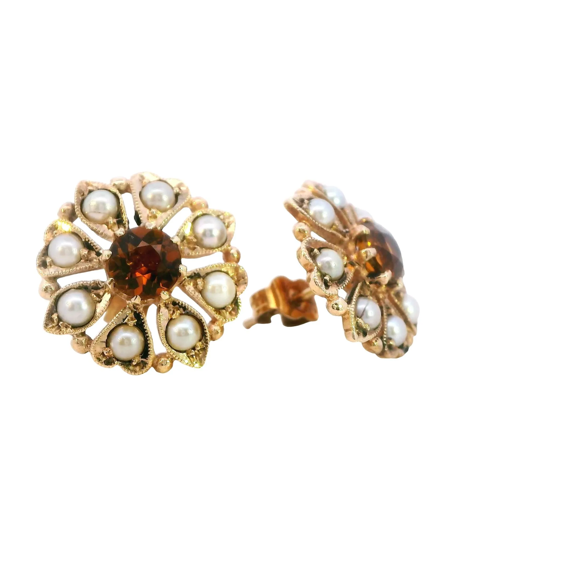 Exquisite 9ct Yellow Gold Citrine & Seed Pearl Cluster Earrings - Radiant