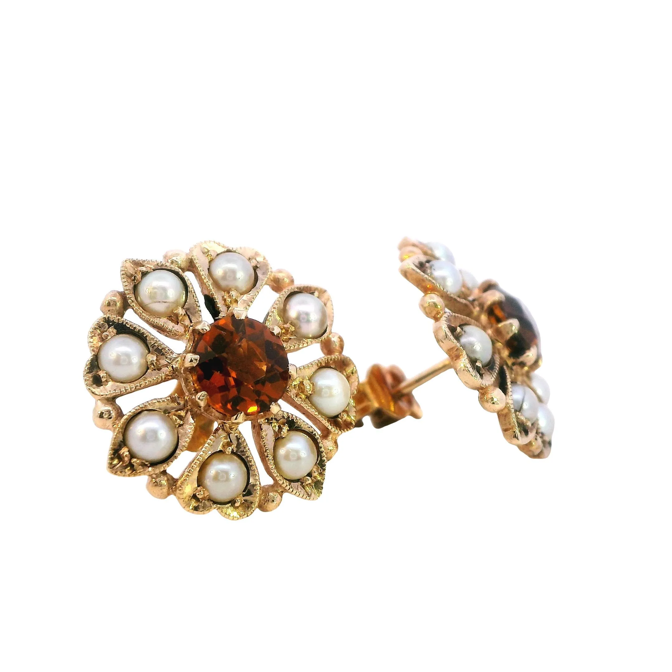 Exquisite 9ct Yellow Gold Citrine & Seed Pearl Cluster Earrings - Radiant