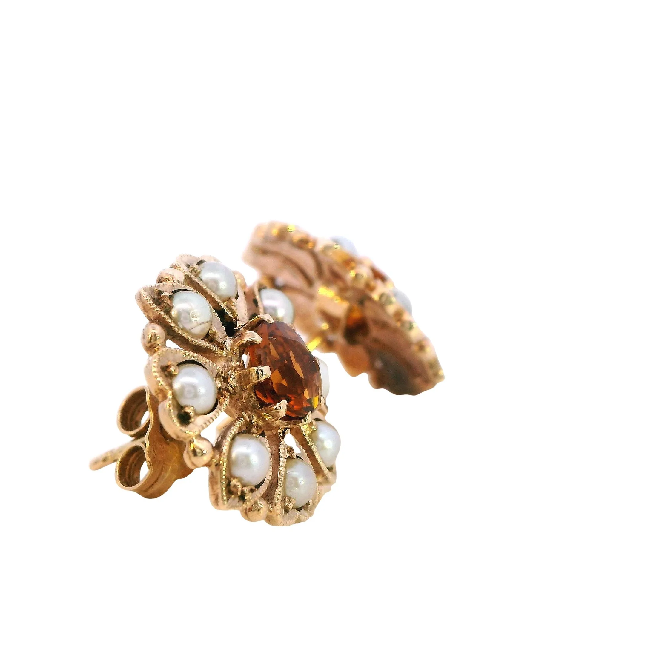 Exquisite 9ct Yellow Gold Citrine & Seed Pearl Cluster Earrings - Radiant