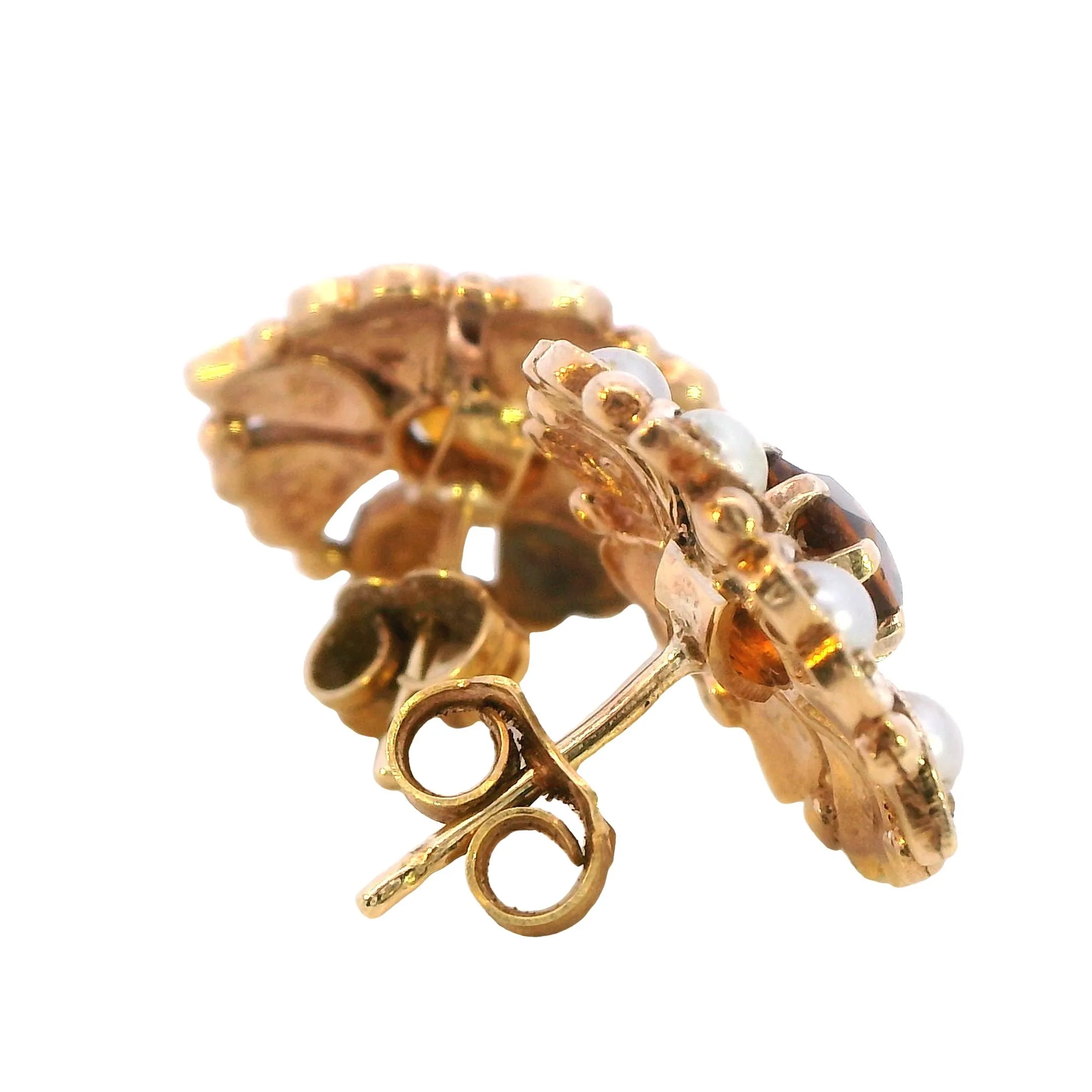 Exquisite 9ct Yellow Gold Citrine & Seed Pearl Cluster Earrings - Radiant