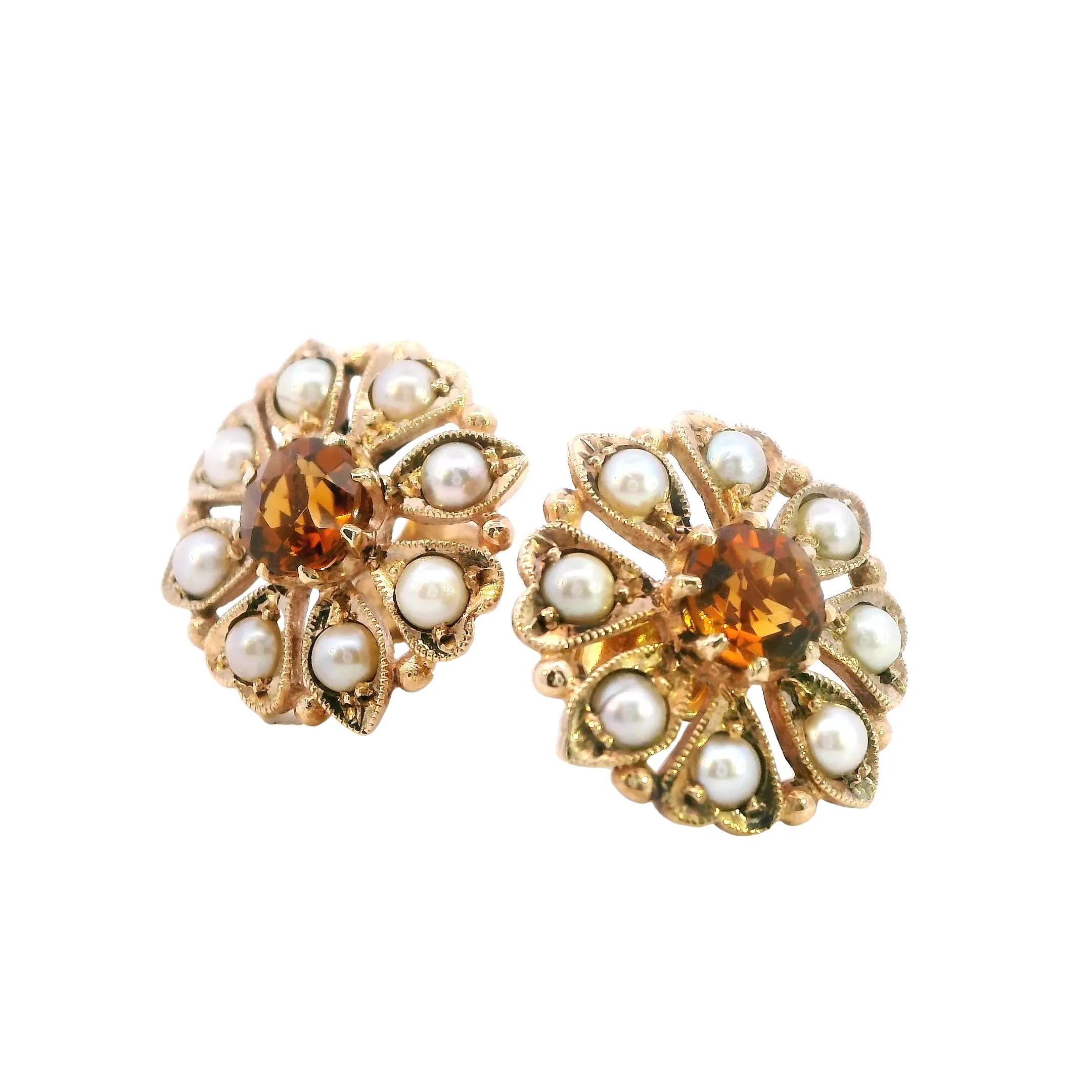 Exquisite 9ct Yellow Gold Citrine & Seed Pearl Cluster Earrings - Radiant