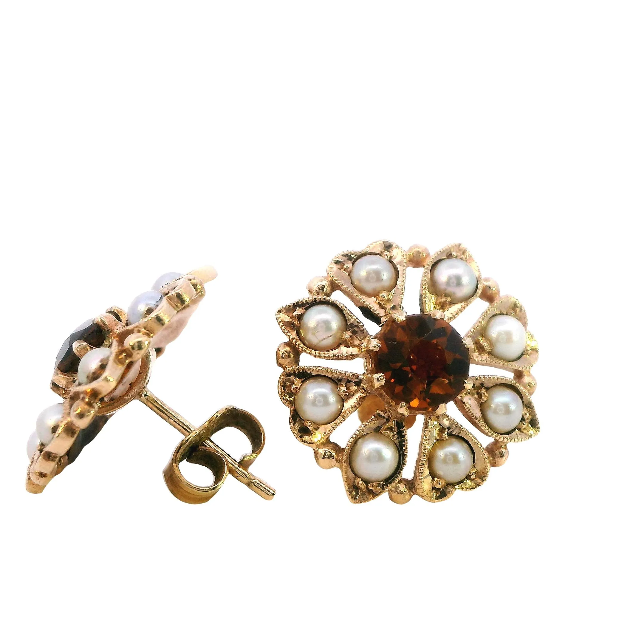Exquisite 9ct Yellow Gold Citrine & Seed Pearl Cluster Earrings - Radiant