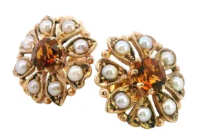 Exquisite 9ct Yellow Gold Citrine & Seed Pearl Cluster Earrings - Radiant