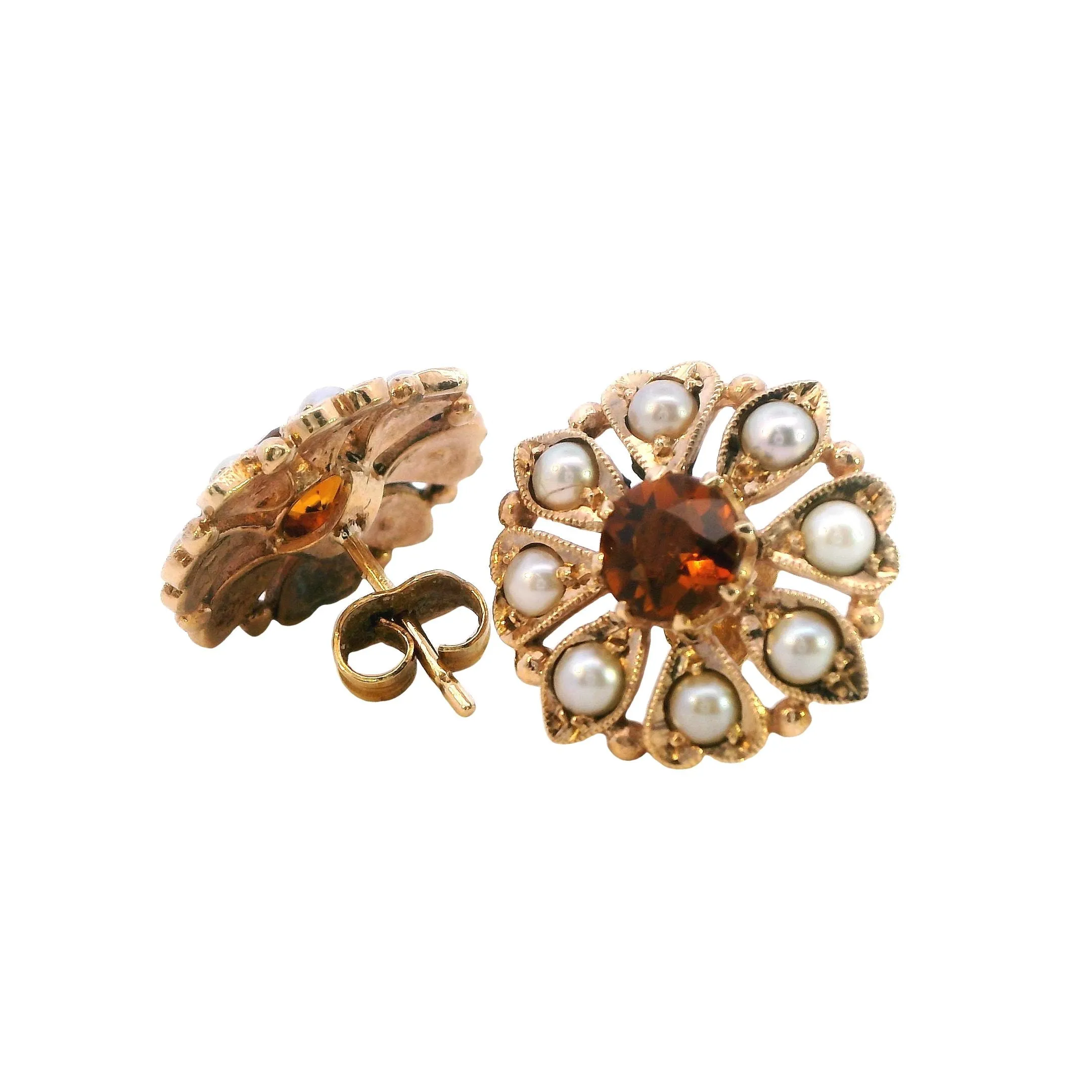 Exquisite 9ct Yellow Gold Citrine & Seed Pearl Cluster Earrings - Radiant
