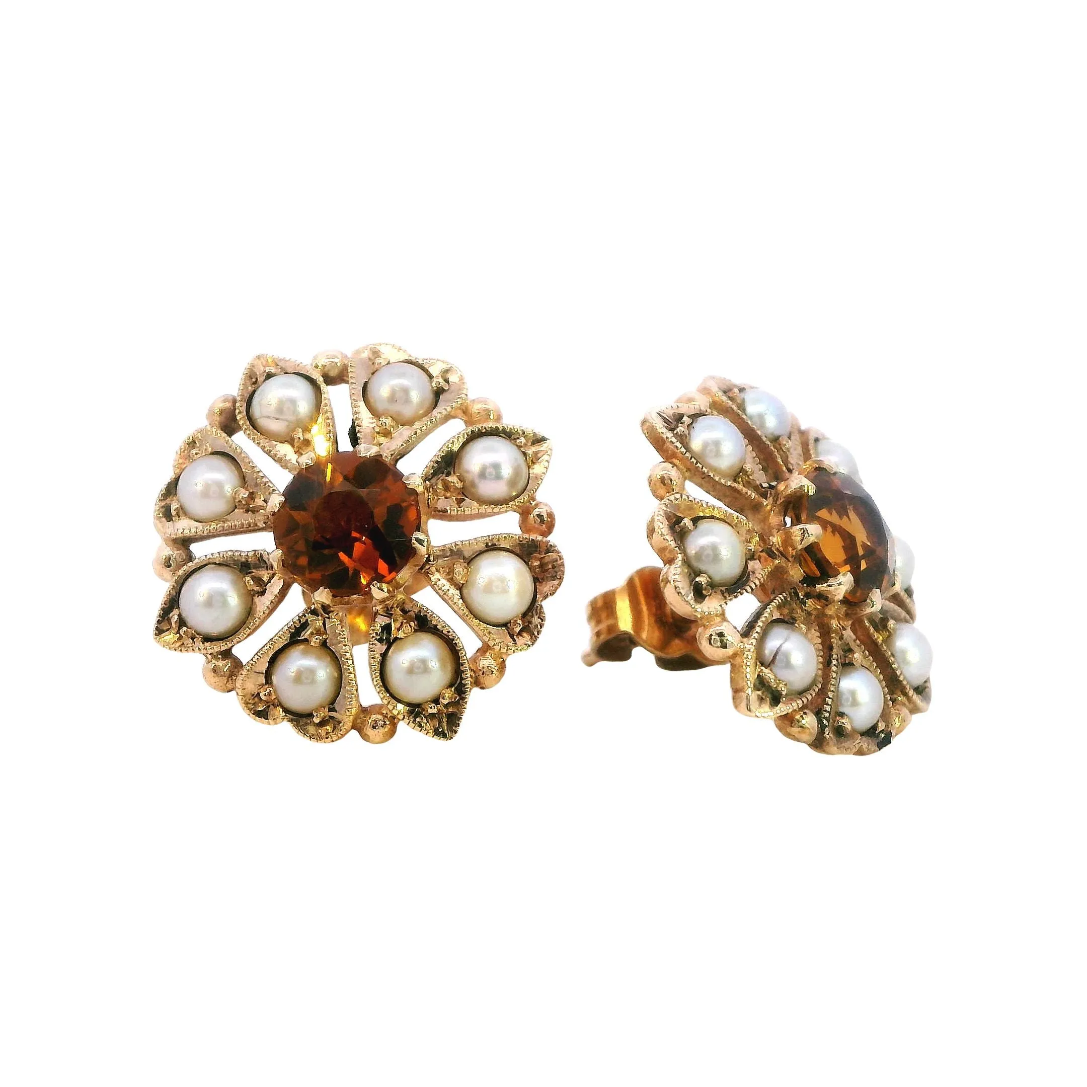 Exquisite 9ct Yellow Gold Citrine & Seed Pearl Cluster Earrings - Radiant