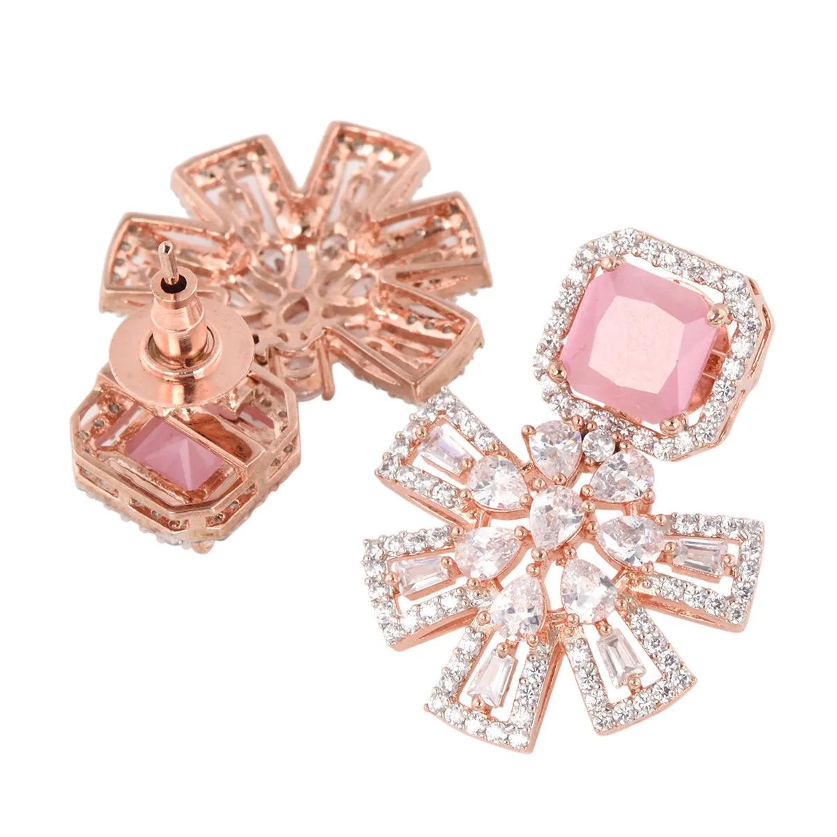 Exquisite Rose Quartz Floral Design Pink Earrings Rose Gold Plated American Diamond Studded for Women and Girls - Saraf RS Jewellery
