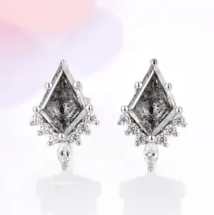 Galaxy Raw Salt & Pepper Diamond (Herkimer Diamond) Stud Earrings- 925 Sterling Silver