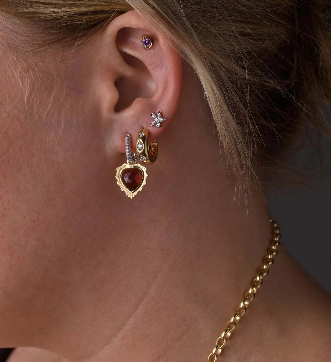 Gemstone Heart - Love : Garnet Small Diamond Pave Chubby Ear Hoop
