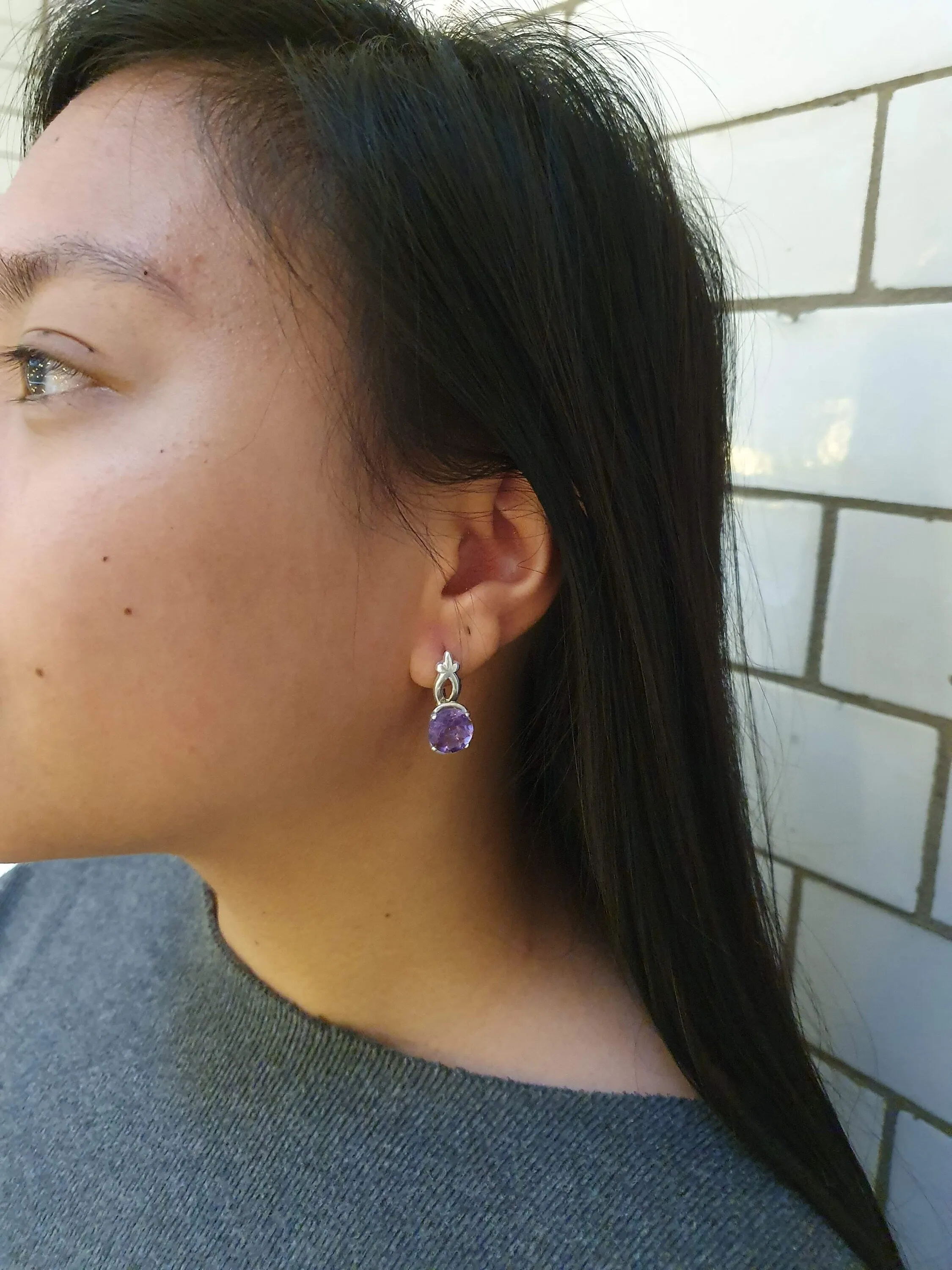 Genuine Amethyst Earrings - Purple Drop Earrings - Vintage Round Earrings