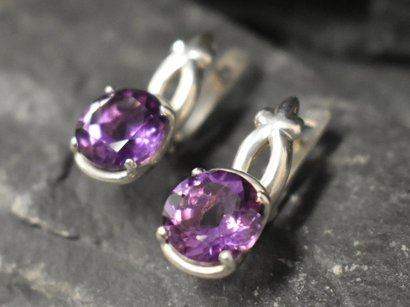 Genuine Amethyst Earrings - Purple Drop Earrings - Vintage Round Earrings