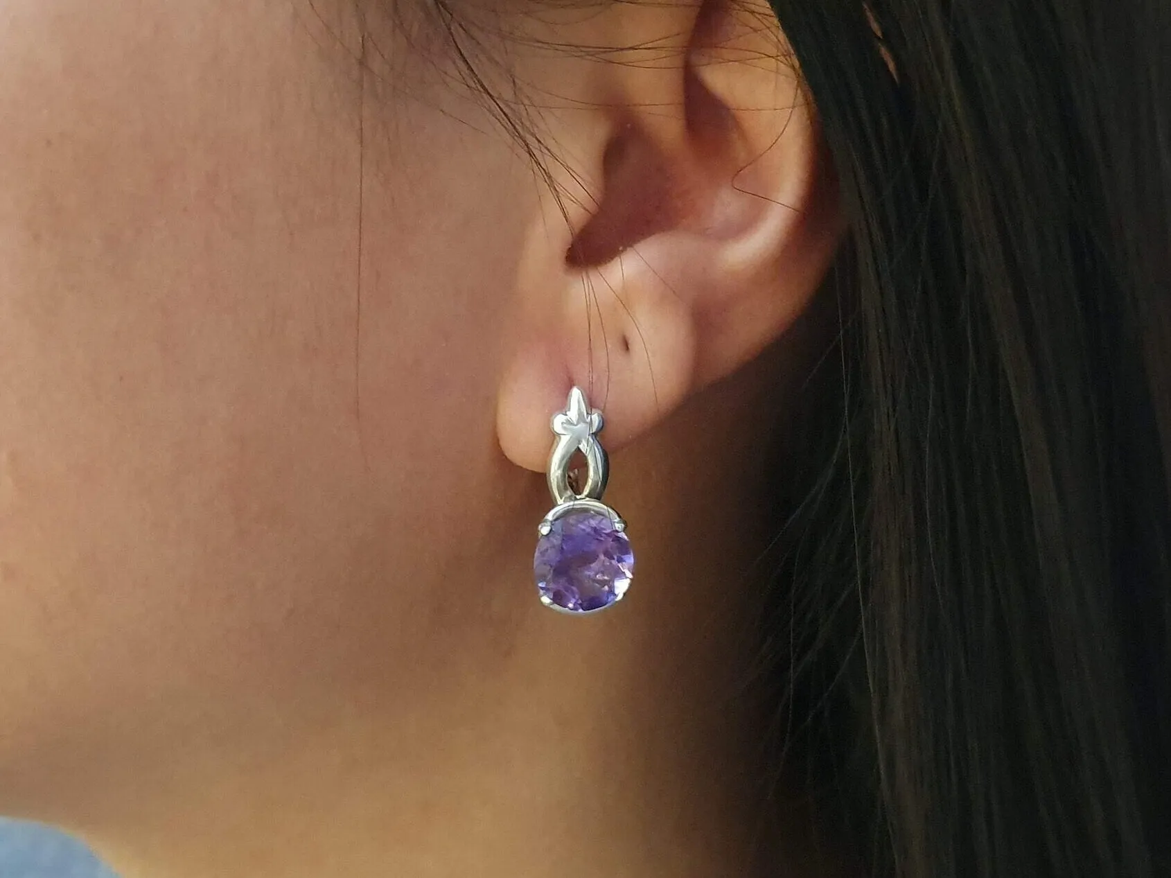 Genuine Amethyst Earrings - Purple Drop Earrings - Vintage Round Earrings
