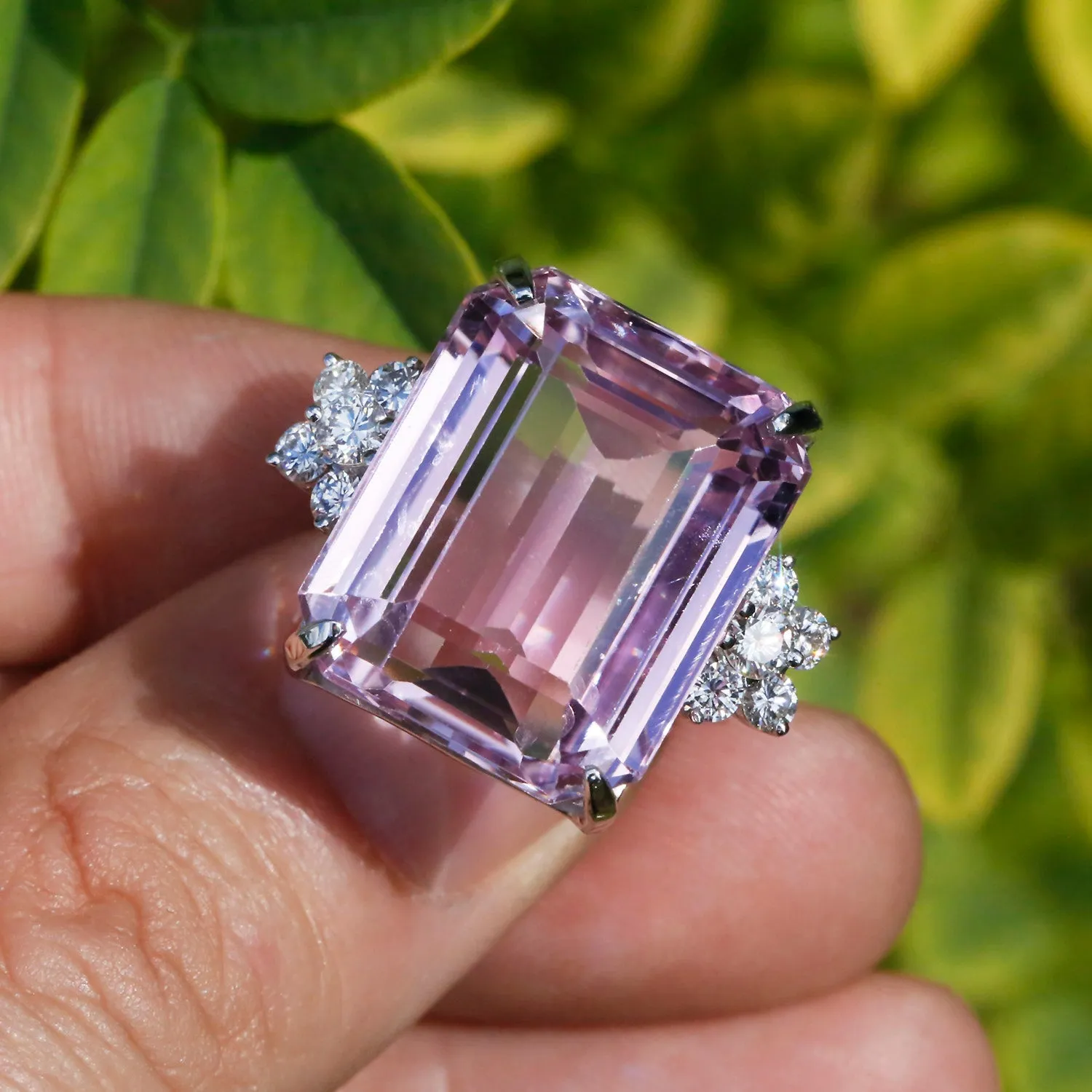 GIA Certified 33.15CT Pink Kunzite Ring with Diamonds White Gold
