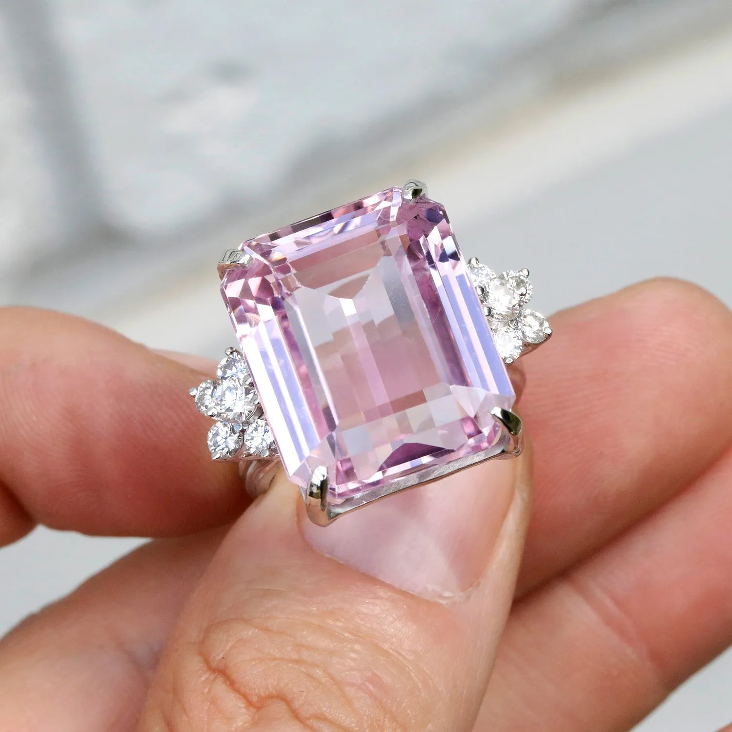 GIA Certified 33.15CT Pink Kunzite Ring with Diamonds White Gold