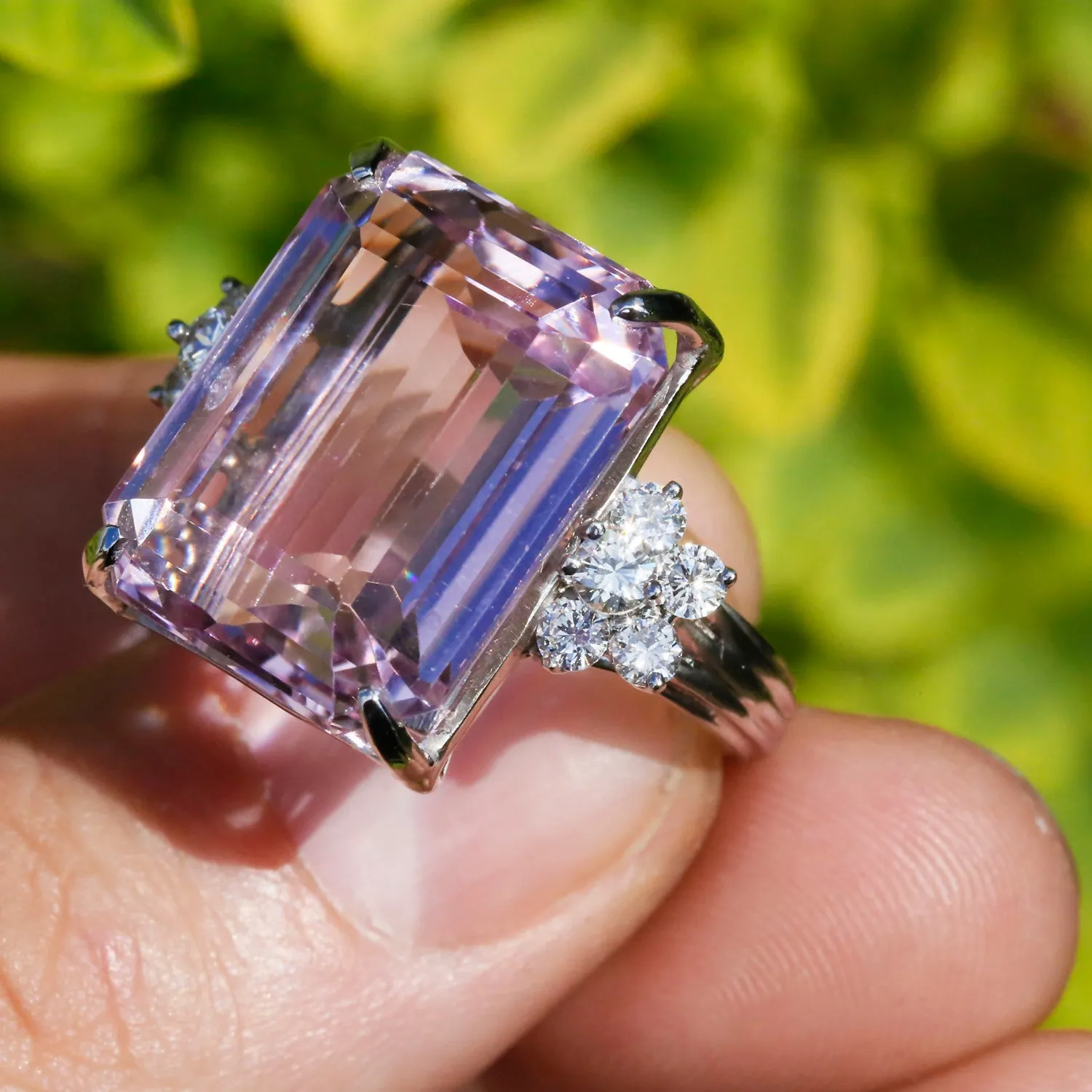 GIA Certified 33.15CT Pink Kunzite Ring with Diamonds White Gold