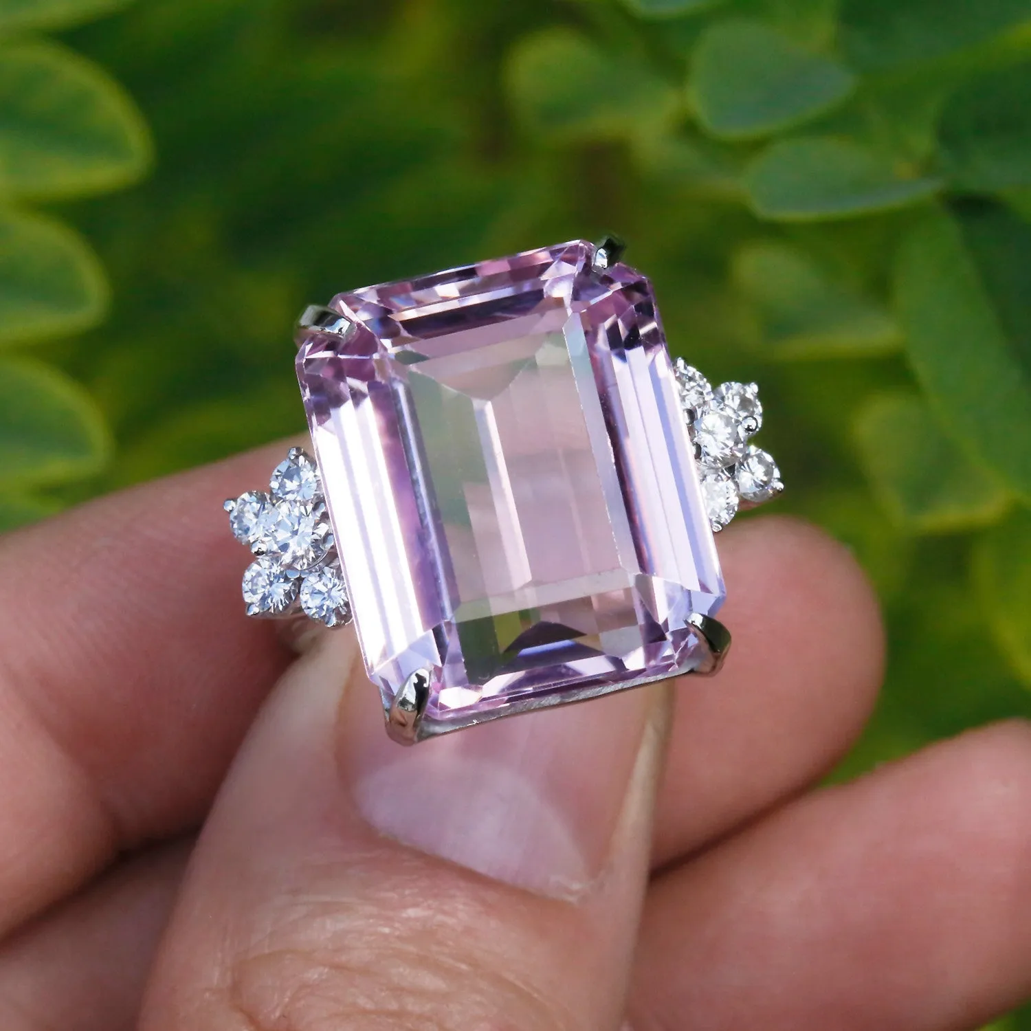 GIA Certified 33.15CT Pink Kunzite Ring with Diamonds White Gold