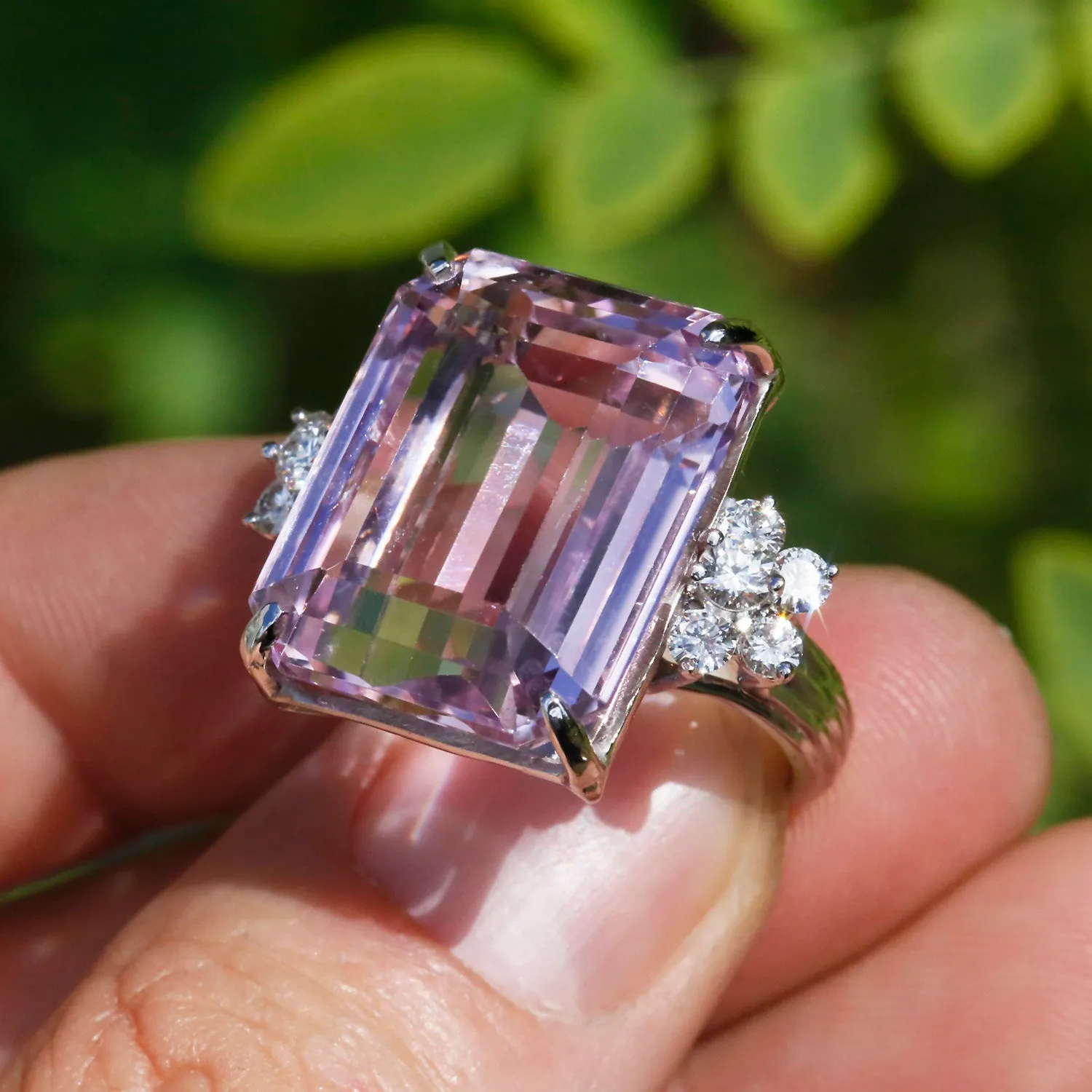 GIA Certified 33.15CT Pink Kunzite Ring with Diamonds White Gold
