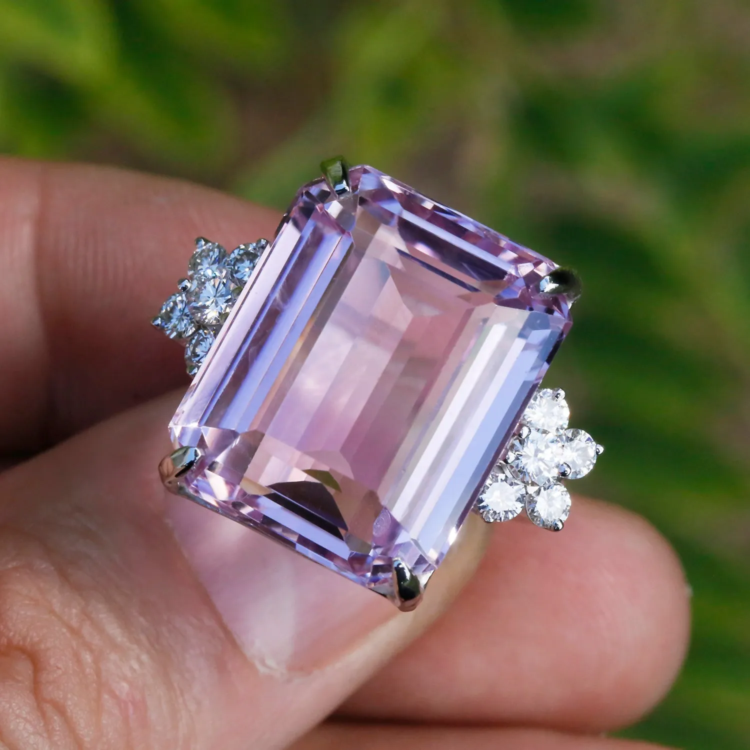 GIA Certified 33.15CT Pink Kunzite Ring with Diamonds White Gold