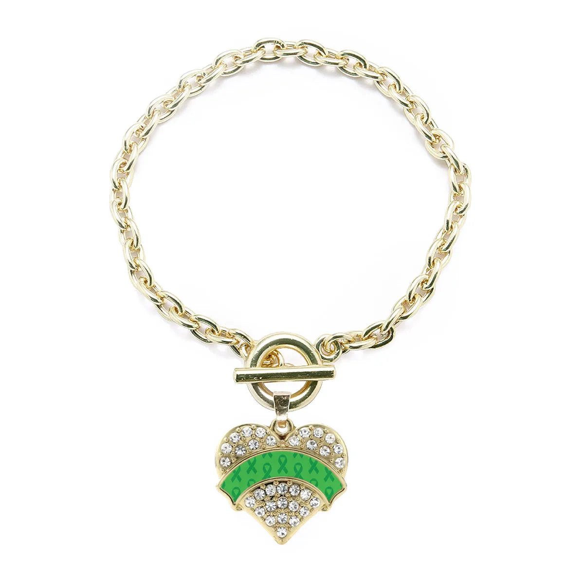 Gold Green Ribbon Support Pave Heart Charm Toggle Bracelet