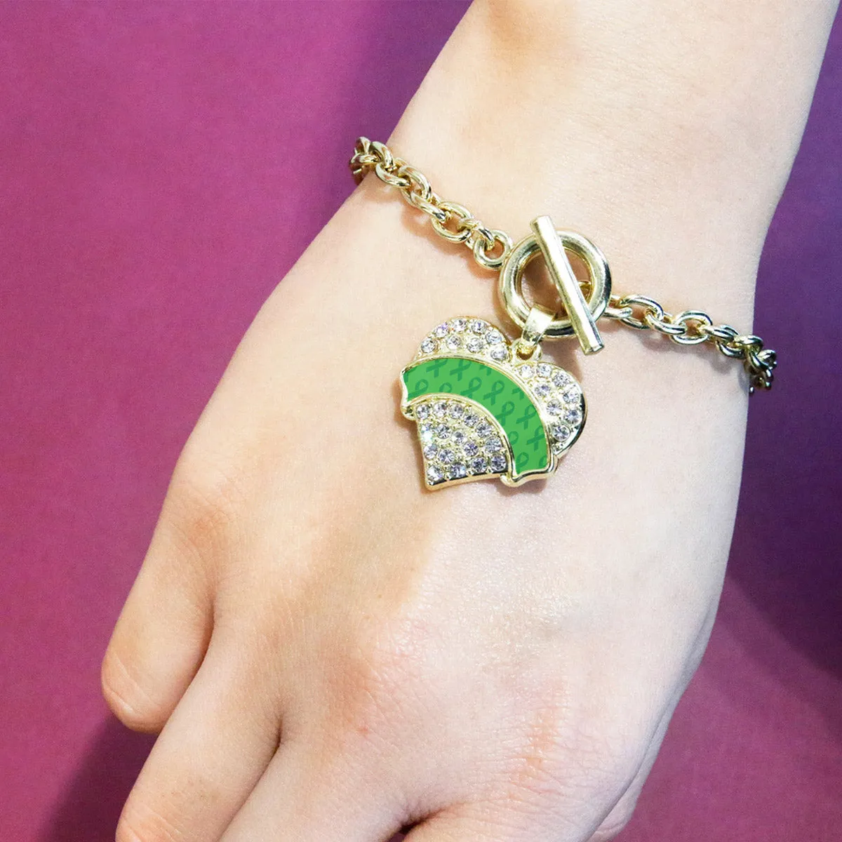 Gold Green Ribbon Support Pave Heart Charm Toggle Bracelet