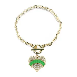 Gold Green Ribbon Support Pave Heart Charm Toggle Bracelet