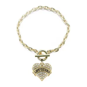 Gold Life Guard Pave Heart Charm Toggle Bracelet