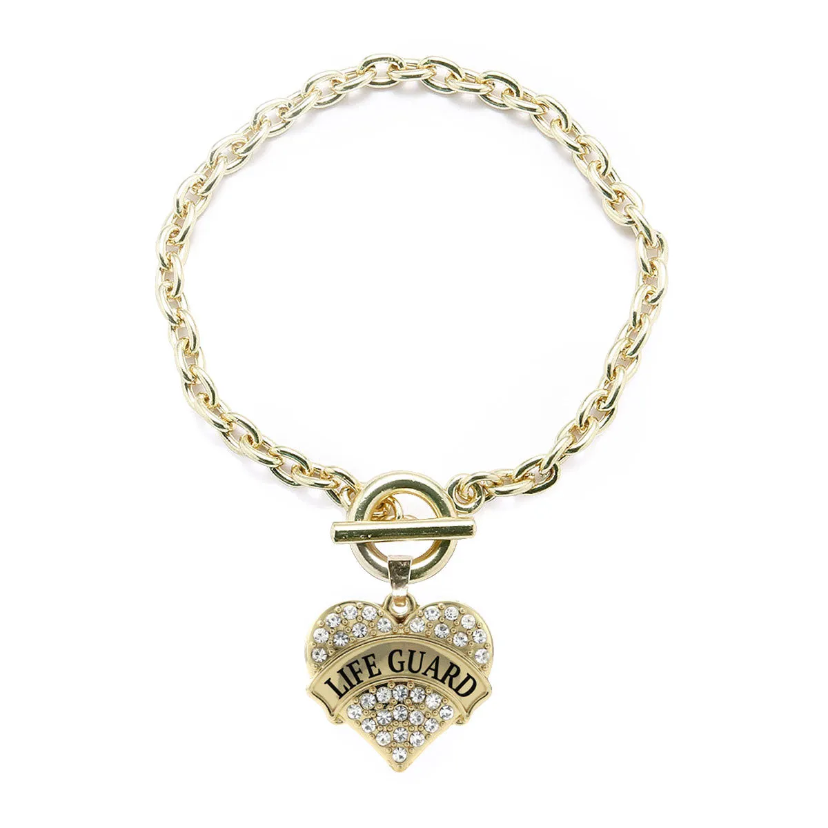 Gold Life Guard Pave Heart Charm Toggle Bracelet