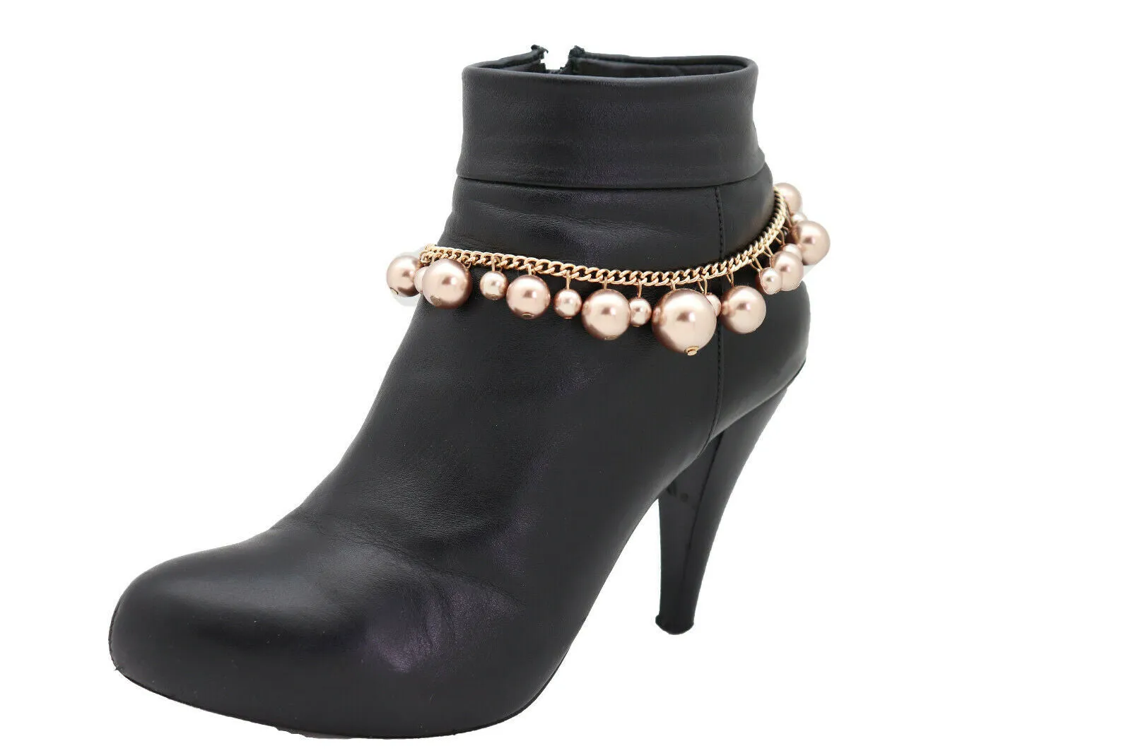 Gold Metal Chain Boot Bracelet Shoe Bronze Pearl Bead Charm