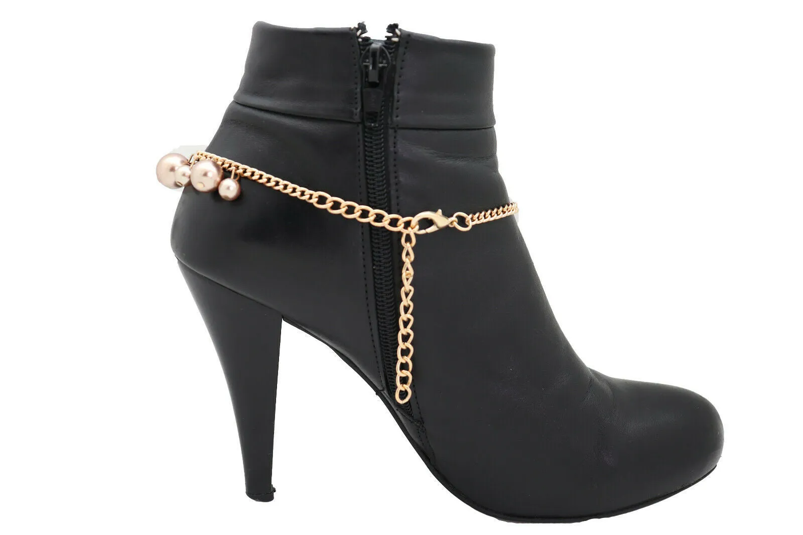 Gold Metal Chain Boot Bracelet Shoe Bronze Pearl Bead Charm